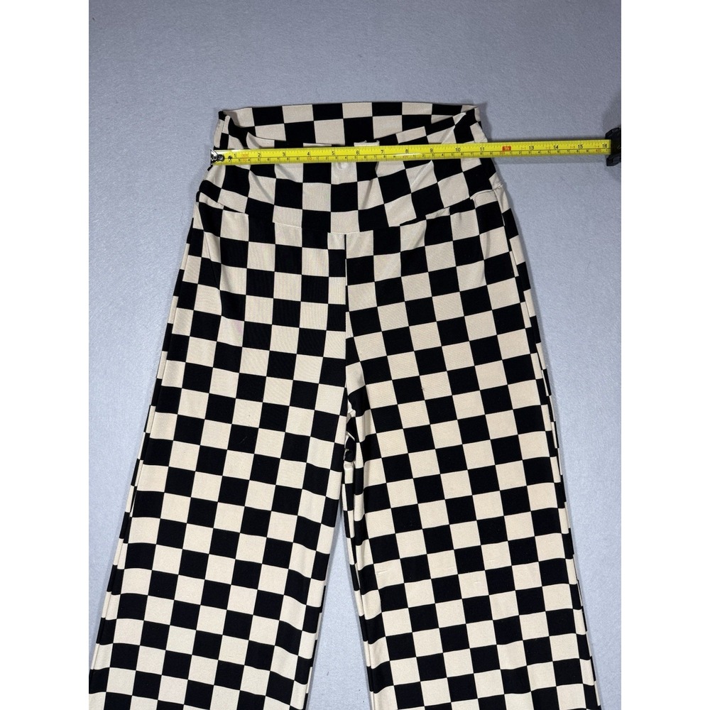 Y2K Crépas Women's Black & White Checkered Flare Pants Size S Moto Stretch Emo - Picture 6 of 8